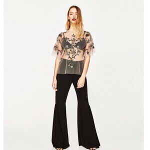 Zara embroidered tulle mesh top with pink and blue flowers